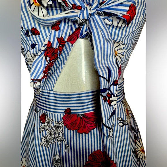 a'gaci Striped Floral Midi Dress - Red and Blue - Picture 2 of 5
